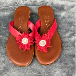 Italian Shoemakers Red Flower Embellished Thong Sandals Made in Italy